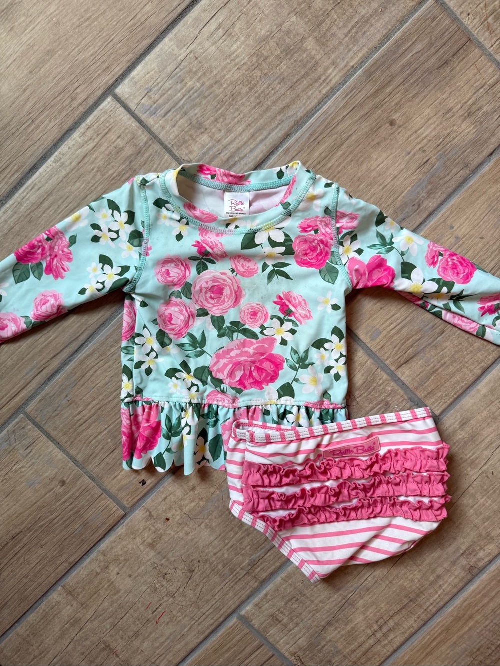 Ruffle Butts Pink Floral & Mint Long-Sleeve Swim Rashguard Set